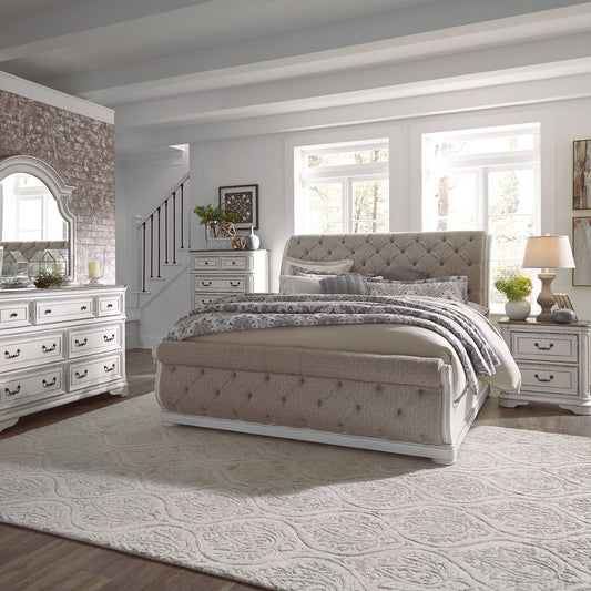 King Uph Sleigh Bed, Dresser & Mirror, Chest, Night Stand