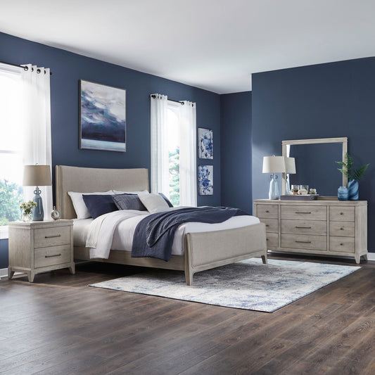 King Uph Bed, Dresser & Mirror, Night Stand