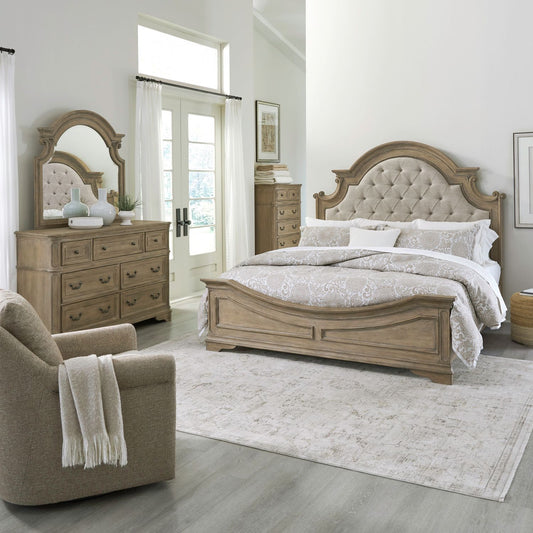Queen Uph Bed, Dresser & Mirror, Chest