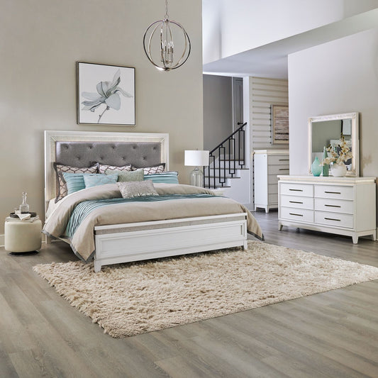 King California Uph Bed, Dresser & Mirror, Chest
