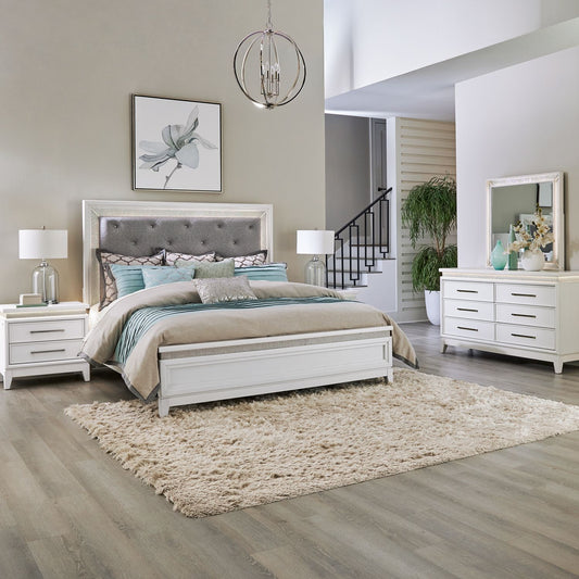 King California Uph Bed, Dresser & Mirror, Night Stand