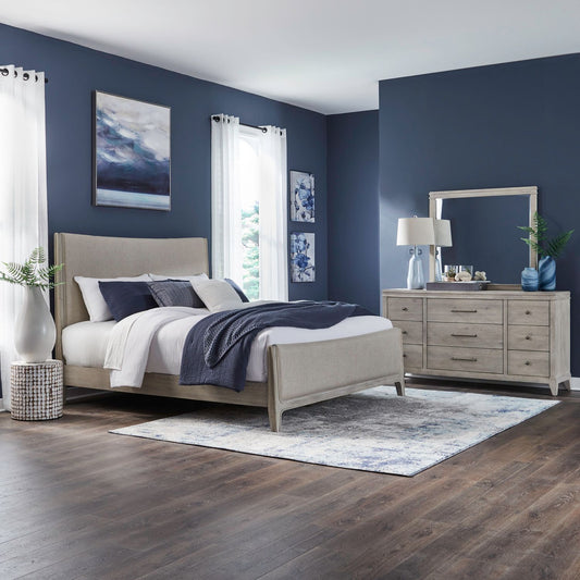 King California Uph Bed, Dresser & Mirror