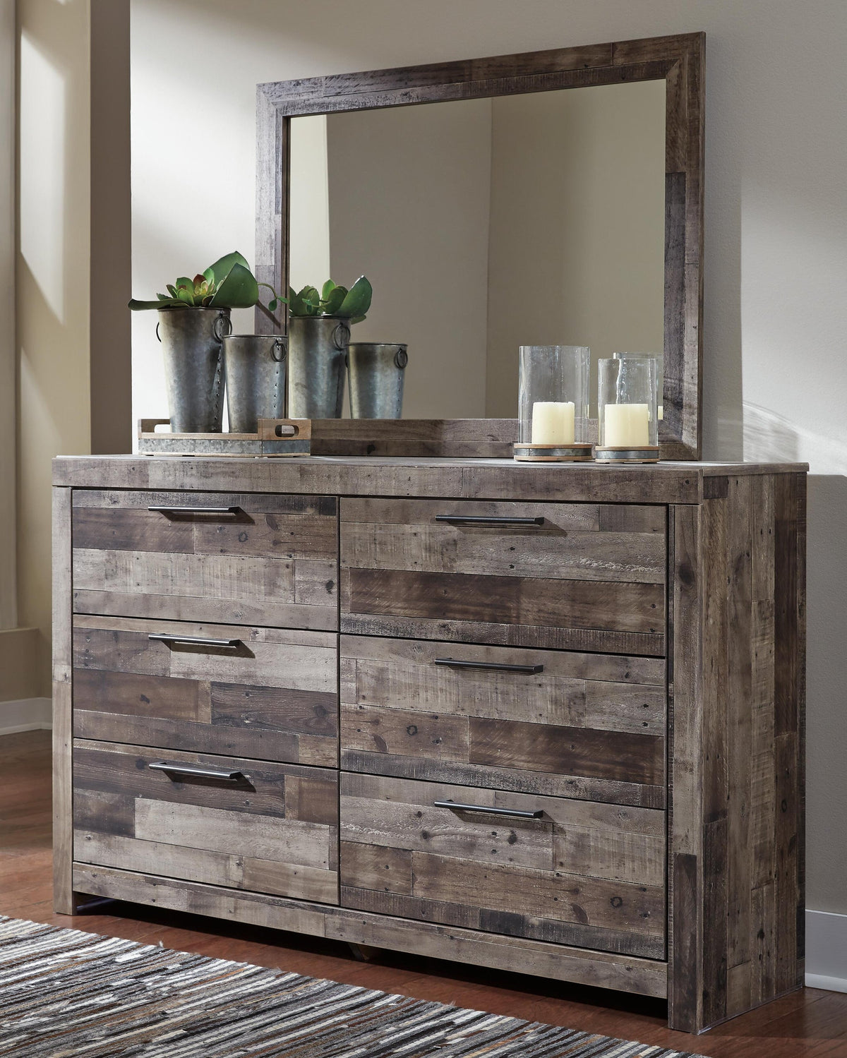 Derekson Queen/Full Panel Headboard Bed with Mirrored Dresser