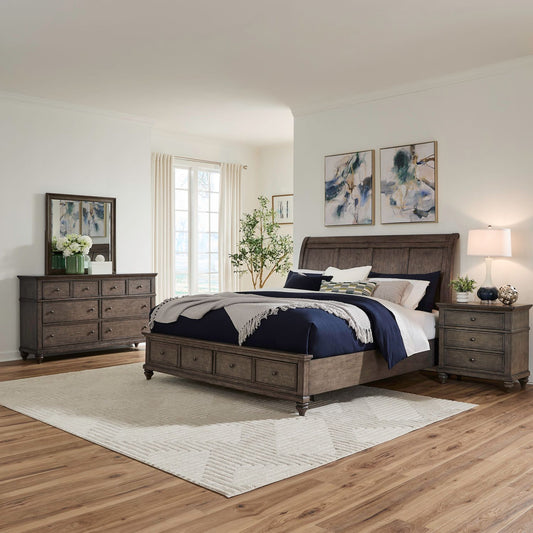 King Storage Bed, Dresser & Mirror, Night Stand