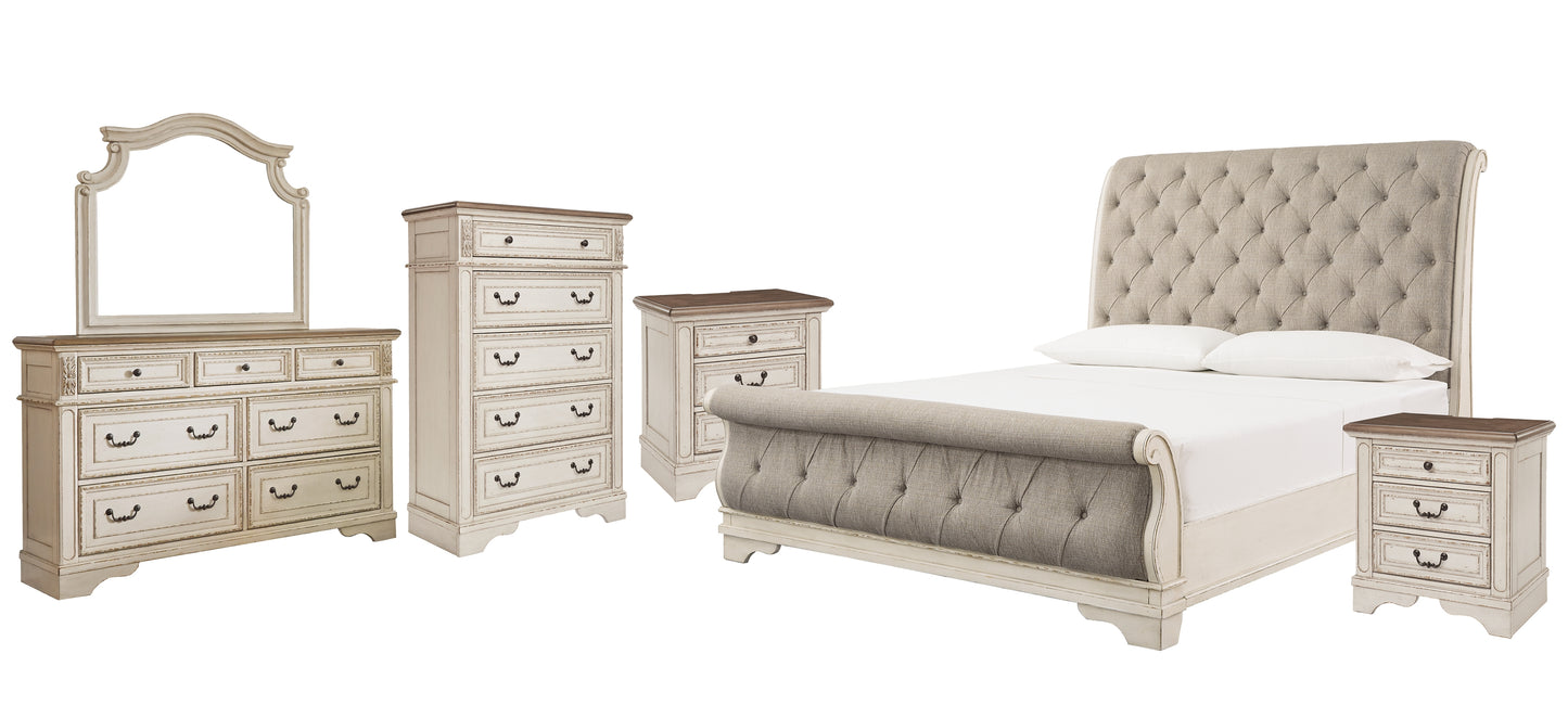 Realyn Queen Sleigh Bed with Mirrored Dresser, Chest and 2 Nightstands