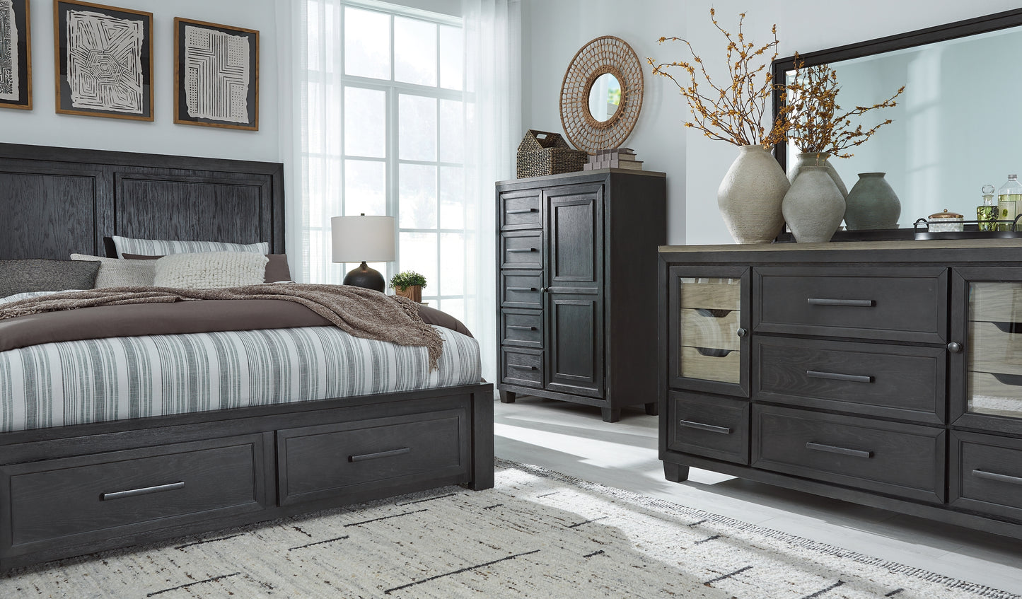 Foyland California King Panel Storage Bed with Mirrored Dresser and Chest