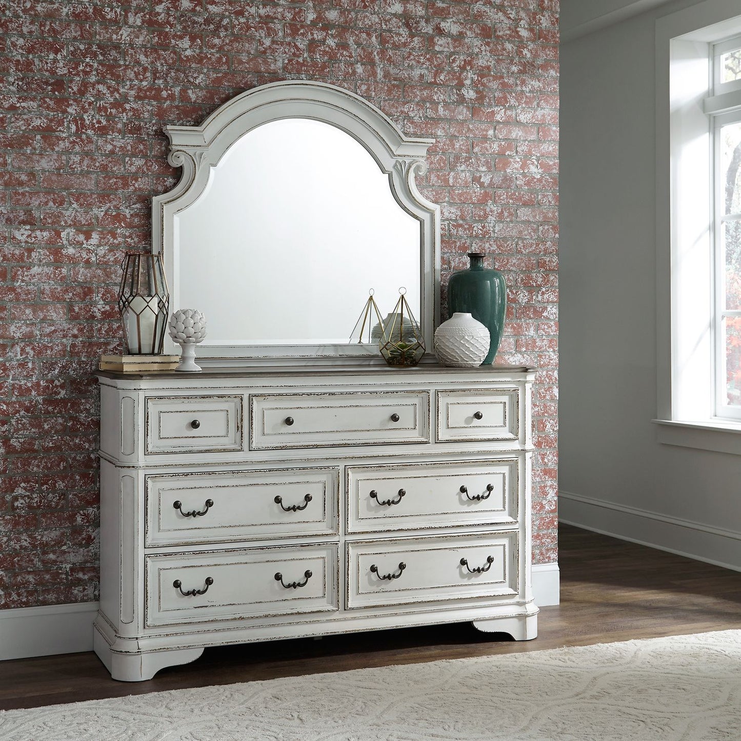 Magnolia Manor - King California Upholstered Sleigh Bed, Dresser & Mirror, Chest, Night Stand